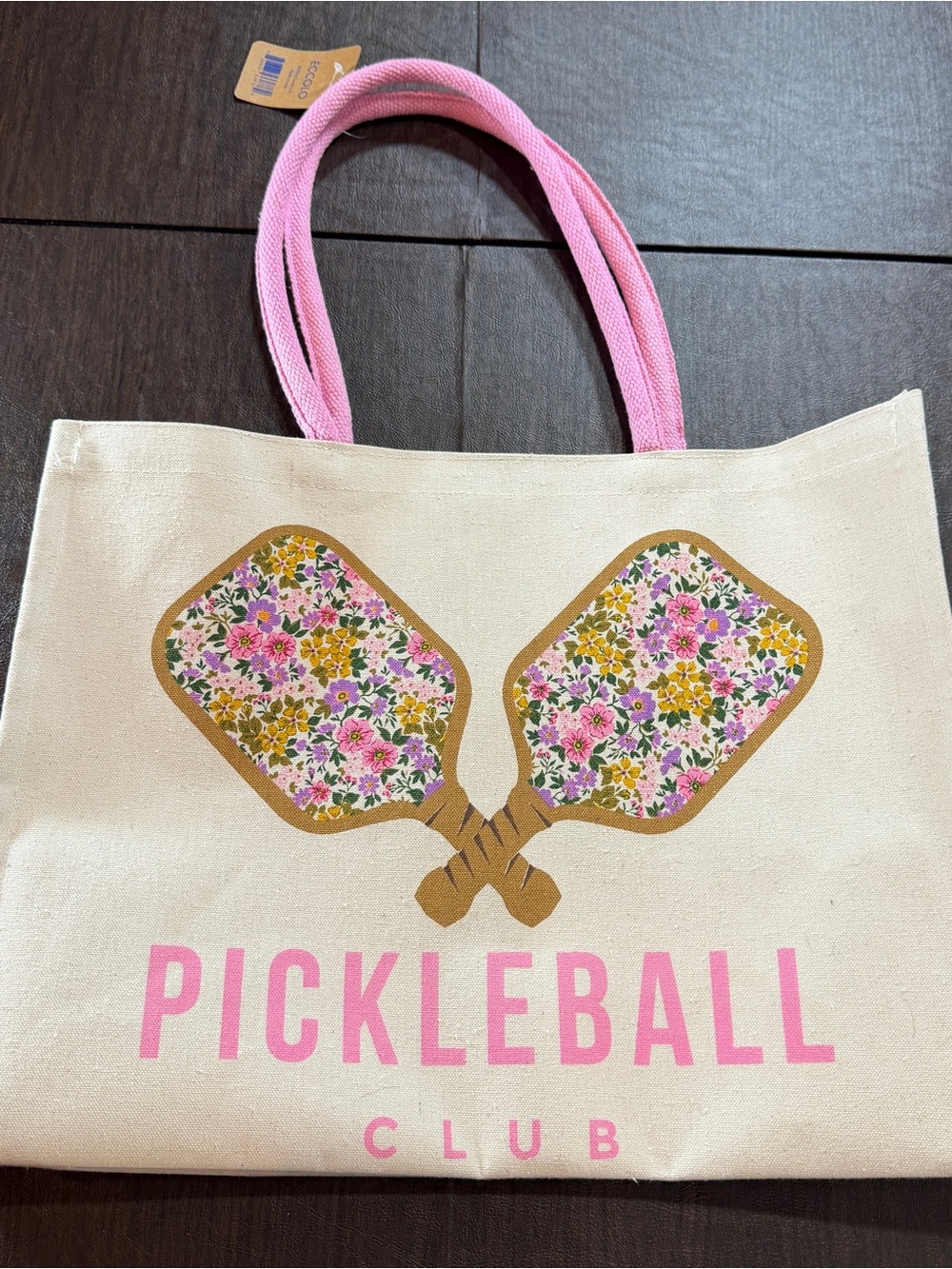 Eccolo Pickleball Club Tote Canvas Bag Pink Handles. Large NWT